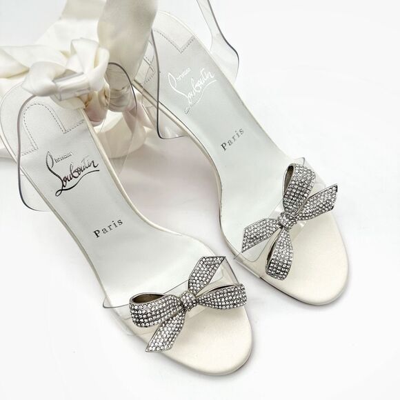 CHRISTIAN LOUBOUTIN Astrinodo Crystal Bow PVC White Sandal Size 38.5 Heel - Picture 8 of 16